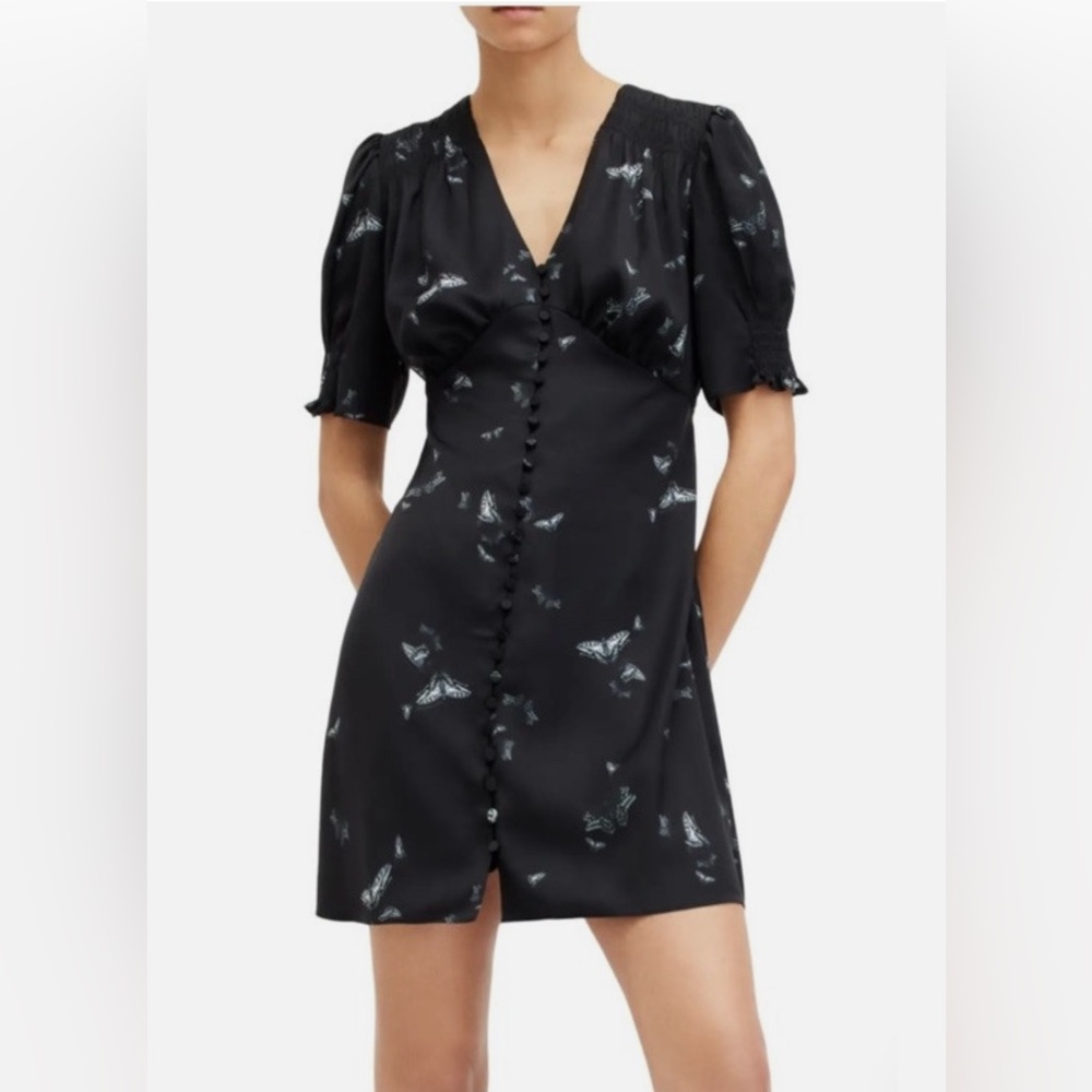 NWT AllSaints Black butterfly print satin minidress Size 6